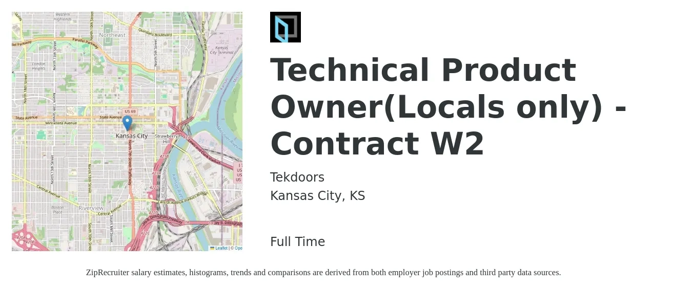 Tekdoors job posting for a Technical Product Owner(Locals only) - Contract W2 in Kansas City, KS with a salary of $161,000 to $186,100 Yearly with a map of Kansas City location.