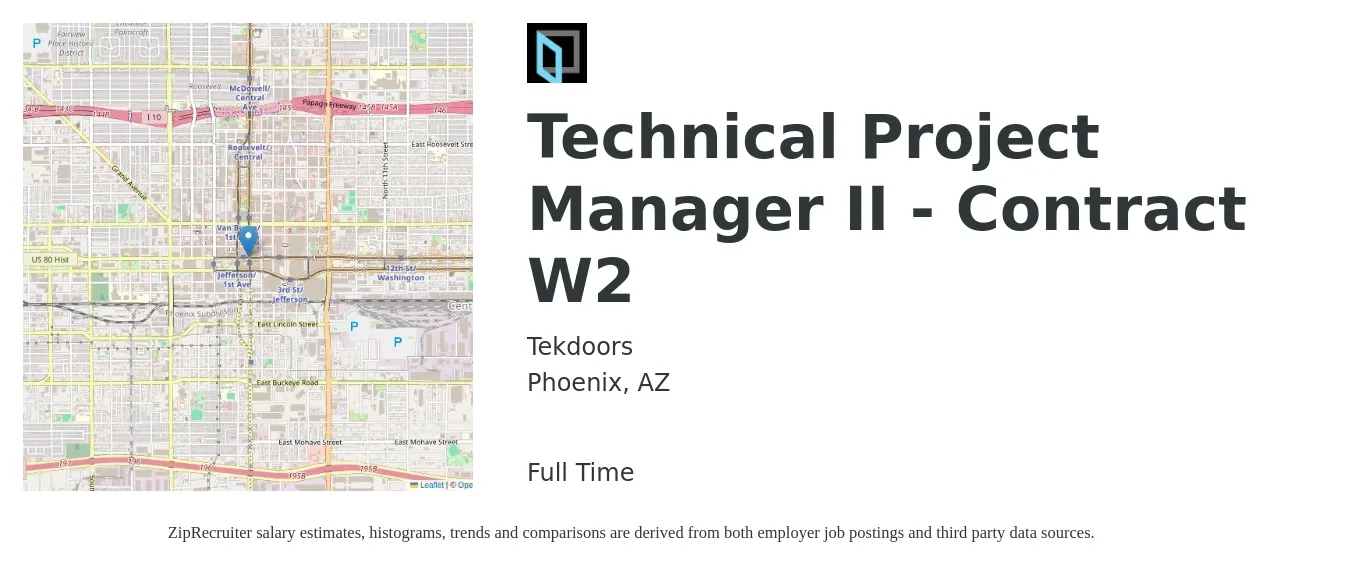 Tekdoors job posting for a Technical Project Manager II - Contract W2 in Phoenix, AZ with a salary of $93,400 to $130,900 Yearly with a map of Phoenix location.