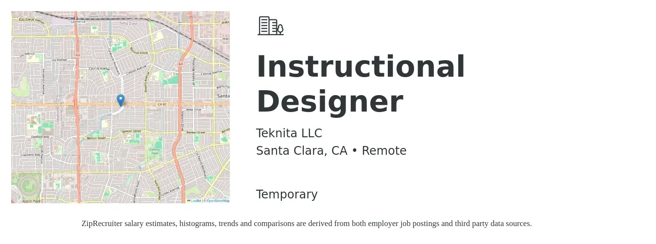 Teknita LLC job posting for a Instructional Designer in Santa Clara, CA with a salary of $76,300 to $103,400 Yearly with a map of Santa Clara location.