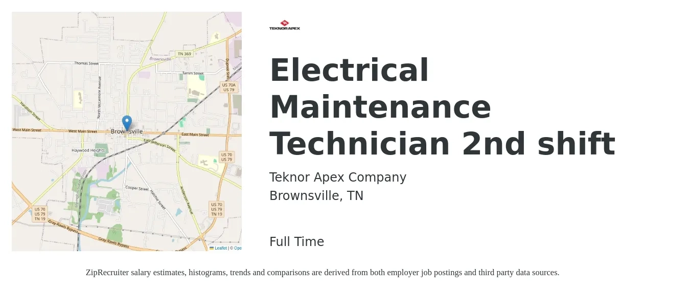 Teknor Apex job posting for a Electrical Maintenance Technician 2nd shift in Brownsville, TN with a salary of $22 to $35 Hourly with a map of Brownsville location.
