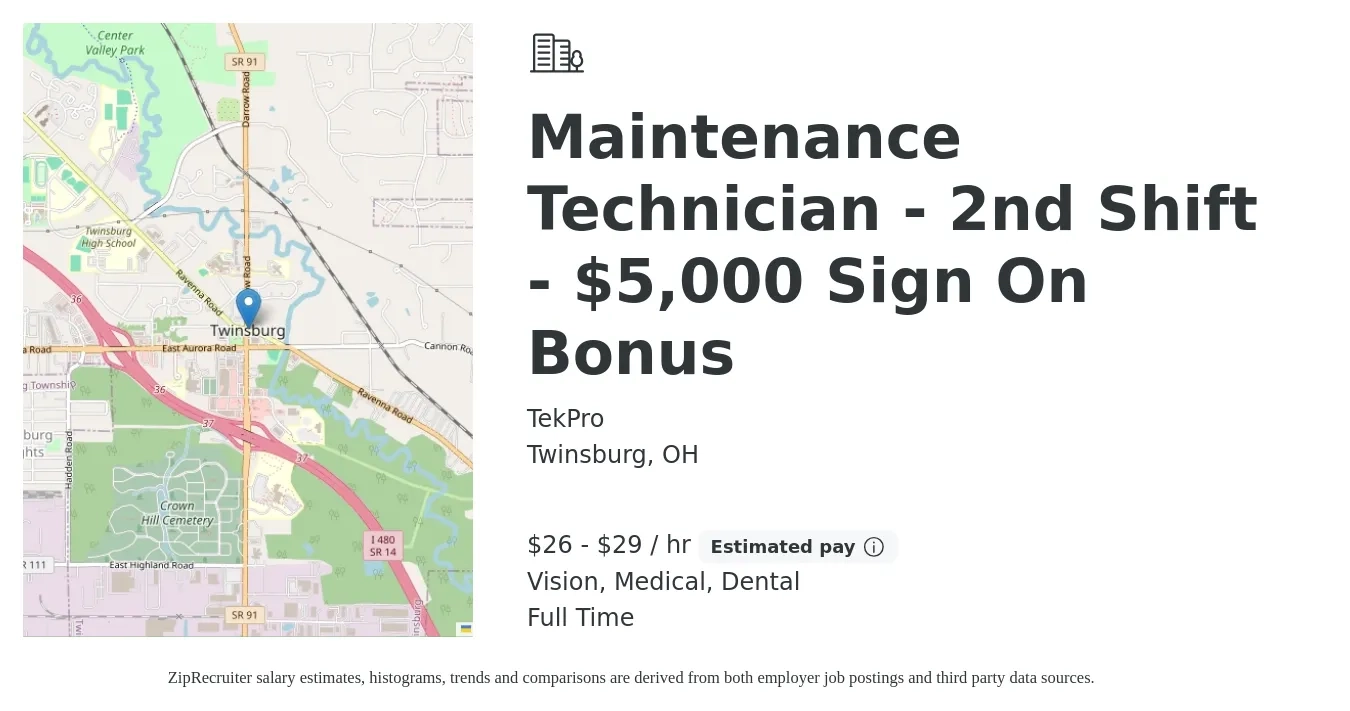 TekPro job posting for a Maintenance Technician - 2nd Shift - $5,000 Sign On Bonus in Twinsburg, OH with a salary of $28 to $31 Hourly and benefits including medical, retirement, vision, dental, and life_insurance with a map of Twinsburg location.