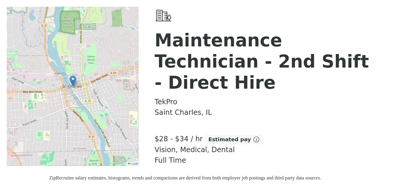 TekPro job posting for a Maintenance Technician - 2nd Shift - Direct Hire in Saint Charles, IL with a salary of $30 to $36 Hourly and benefits including dental, life_insurance, medical, retirement, and vision with a map of Saint Charles location.