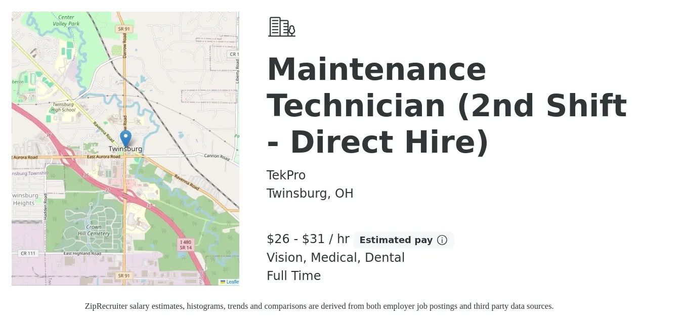 TekPro job posting for a Maintenance Technician (2nd Shift - Direct Hire) in Twinsburg, OH with a salary of $28 to $33 Hourly and benefits including dental, life_insurance, medical, pto, retirement, and vision with a map of Twinsburg location.