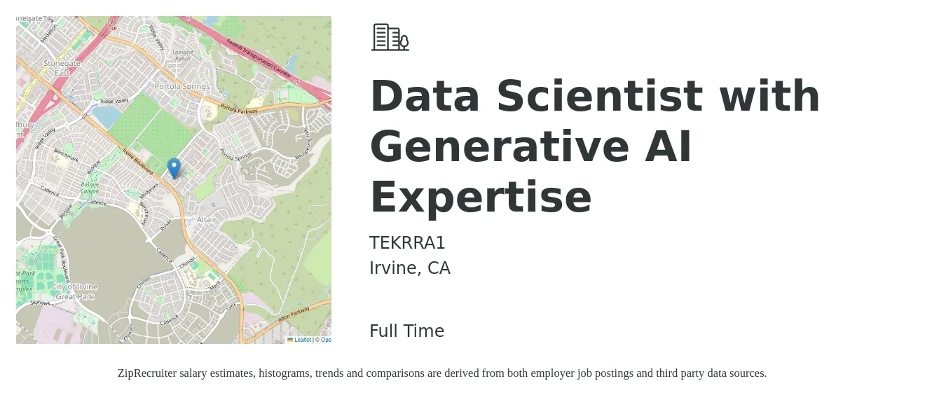 TEKRRA1 job posting for a Data Scientist with Generative AI Expertise in Irvine, CA with a salary of $105,700 to $146,000 Yearly with a map of Irvine location.
