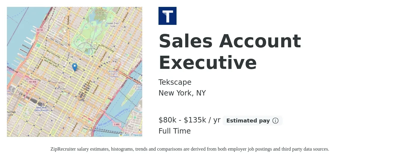 Tekscape job posting for a Sales Account Executive in New York, NY with a salary of $80,000 to $135,000 Yearly with a map of New York location.