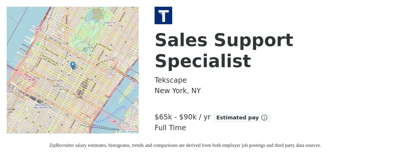 Tekscape job posting for a Sales Support Specialist in New York, NY with a salary of $65,000 to $90,000 Yearly with a map of New York location.