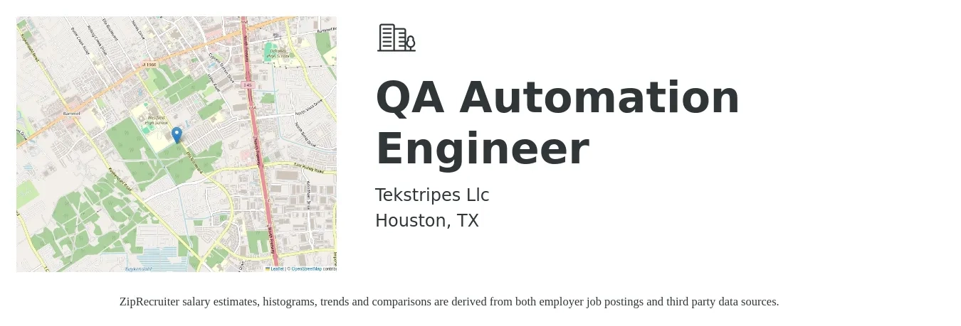 Tekstripes Llc job posting for a QA Automation Engineer in Houston, TX with a salary of $40 to $45 Hourly with a map of Houston location.
