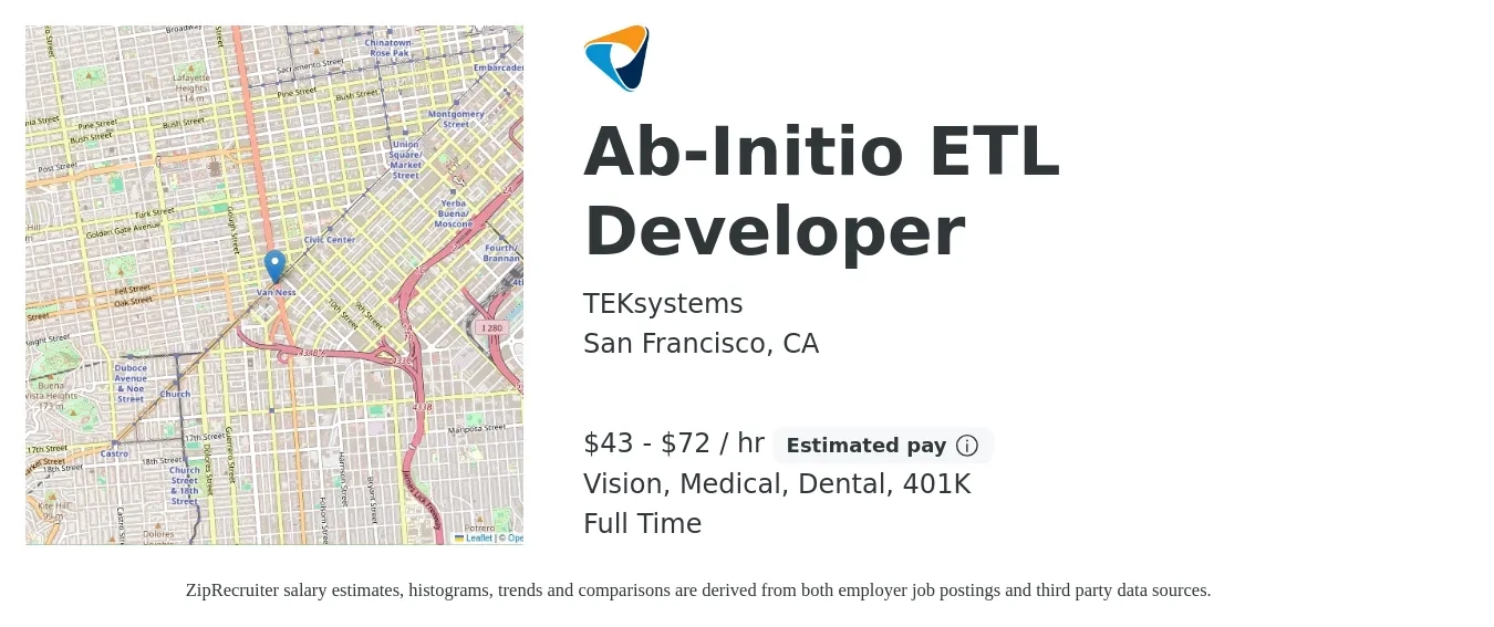 TEKsystems job posting for a Ab-Initio ETL Developer in San Francisco, CA with a salary of $45 to $75 Hourly and benefits including medical, vision, 401k, dental, and life_insurance with a map of San Francisco location.