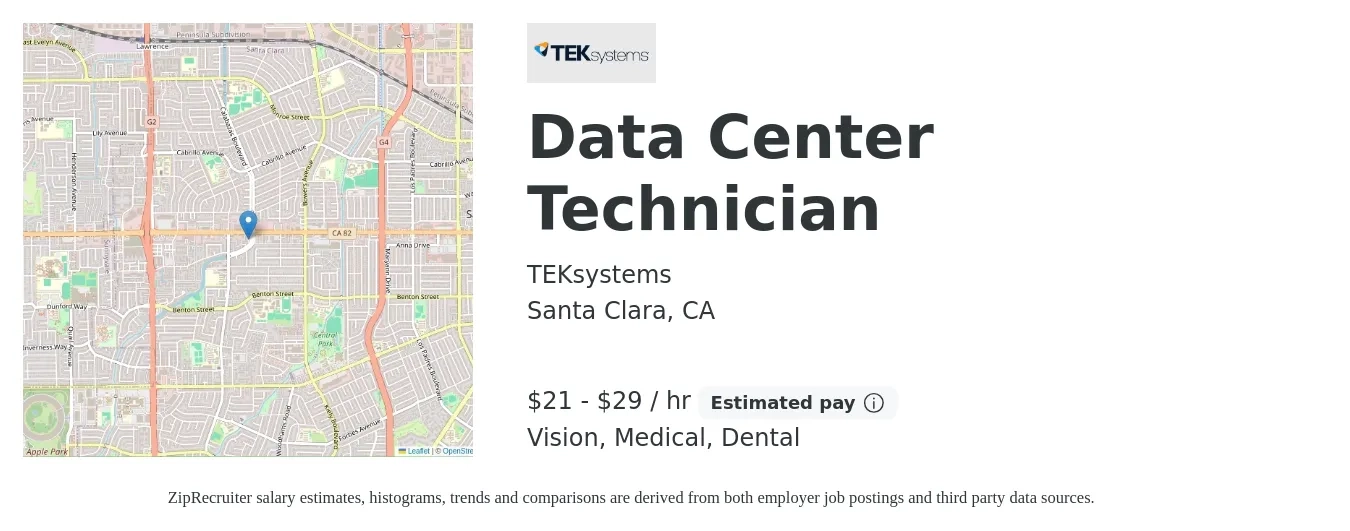 TEKsystems job posting for a Data Center Technician in Santa Clara, CA with a salary of $28 to $32 Hourly and benefits including 401k, dental, medical, and vision with a map of Santa Clara location.