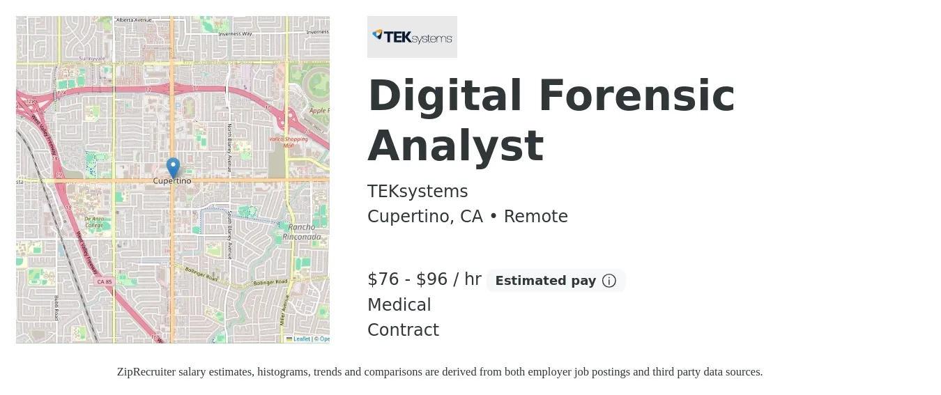 TEKsystems job posting for a Digital Forensic Analyst in Cupertino, CA with a salary of $80 to $100 Hourly and benefits including medical with a map of Cupertino location.