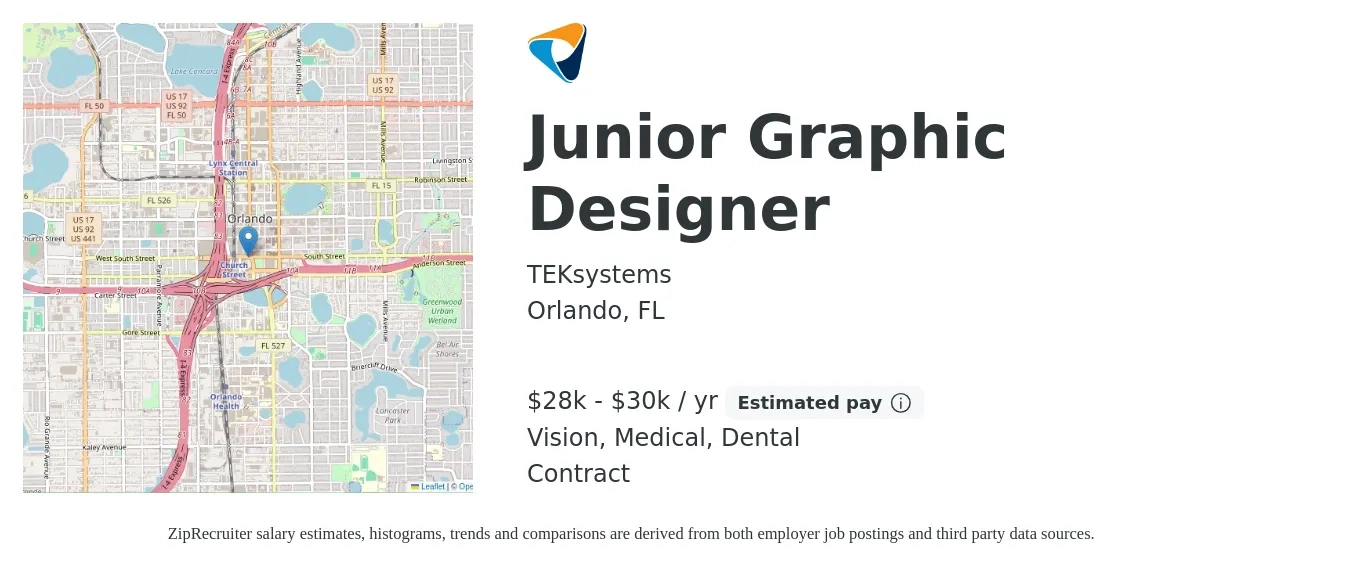TEKsystems job posting for a Junior Graphic Designer in Orlando, FL with a salary of $28,000 to $30,000 Yearly and benefits including vision, dental, life_insurance, and medical with a map of Orlando location.