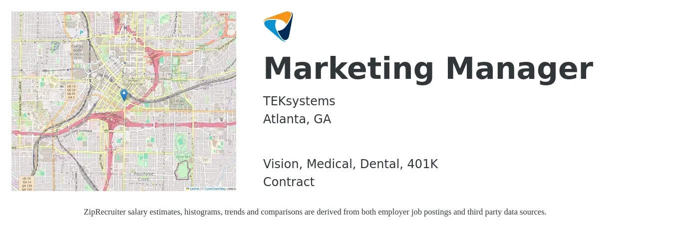 TEKsystems job posting for a Marketing Manager in Atlanta, GA with a salary of $57,700 to $94,200 Yearly and benefits including 401k, dental, medical, and vision with a map of Atlanta location.