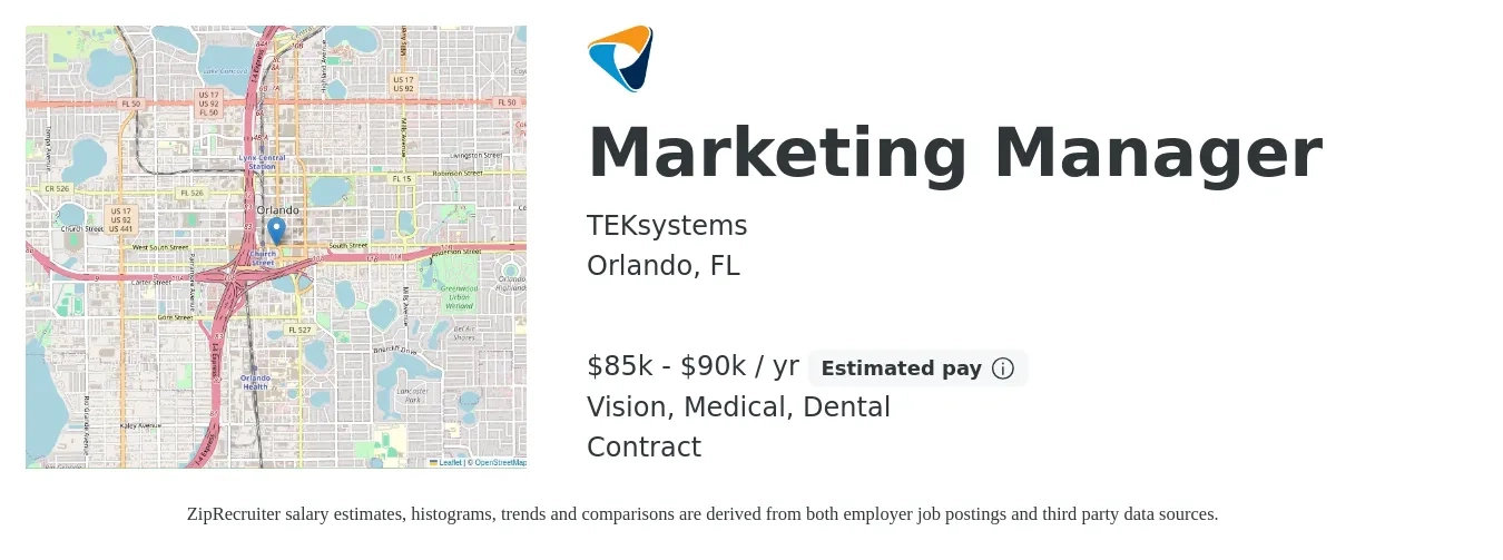 TEKsystems job posting for a Marketing Manager in Orlando, FL with a salary of $85,000 to $90,000 Yearly and benefits including medical, vision, dental, and life_insurance with a map of Orlando location.
