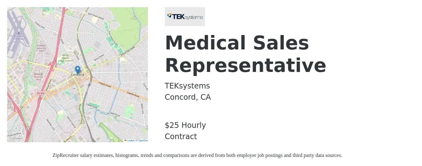 TEKsystems job posting for a Medical Sales Representative in Concord, CA with a salary of $26 Hourly with a map of Concord location.