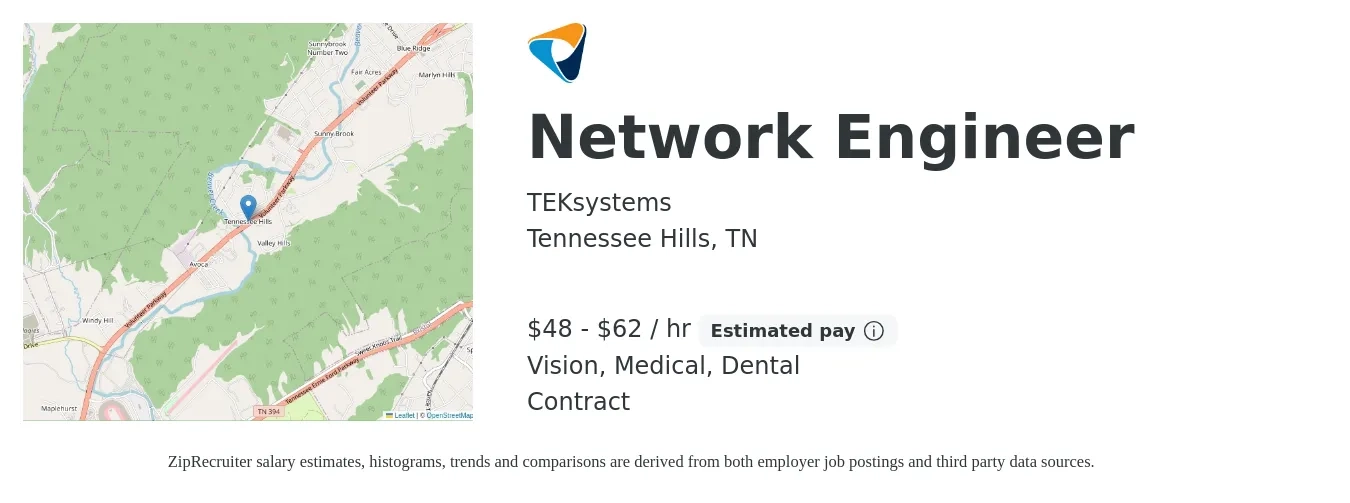 TEKsystems job posting for a Network Engineer in Tennessee Hills, TN with a salary of $50 to $65 Hourly and benefits including medical, vision, and dental with a map of Tennessee Hills location.