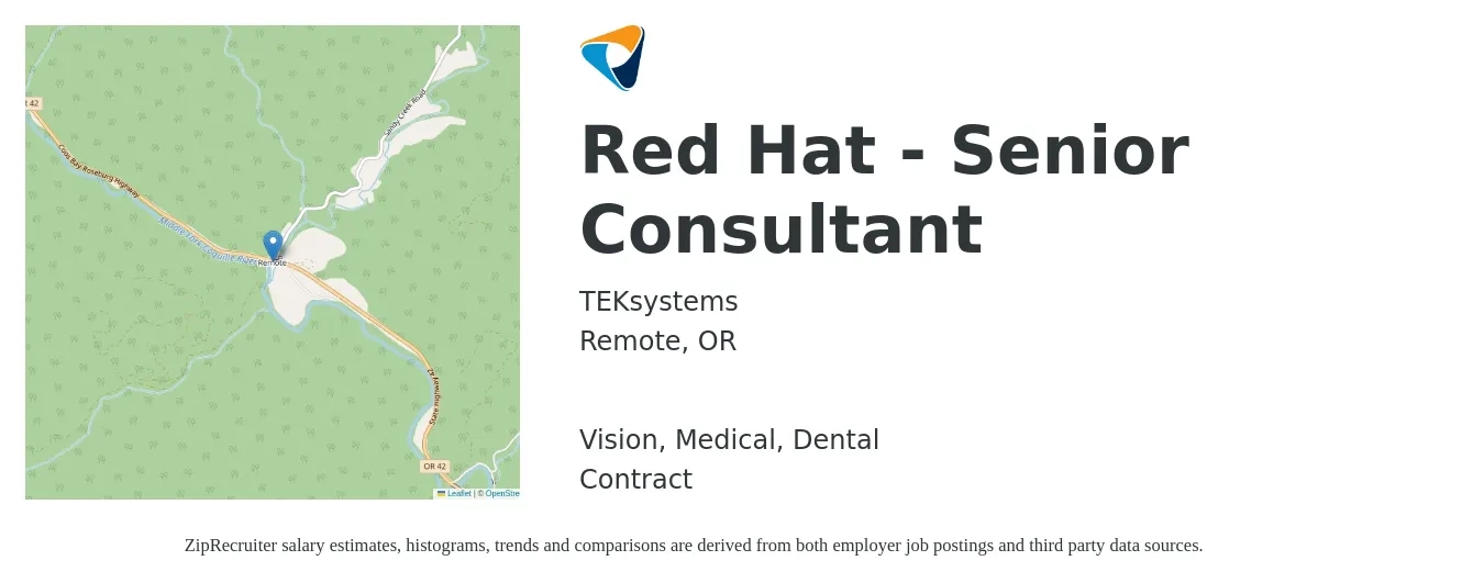 TEKsystems job posting for a Red Hat - Senior Consultant in Remote, OR with a salary of $87,400 to $137,900 Yearly and benefits including vision, dental, and medical with a map of Remote location.