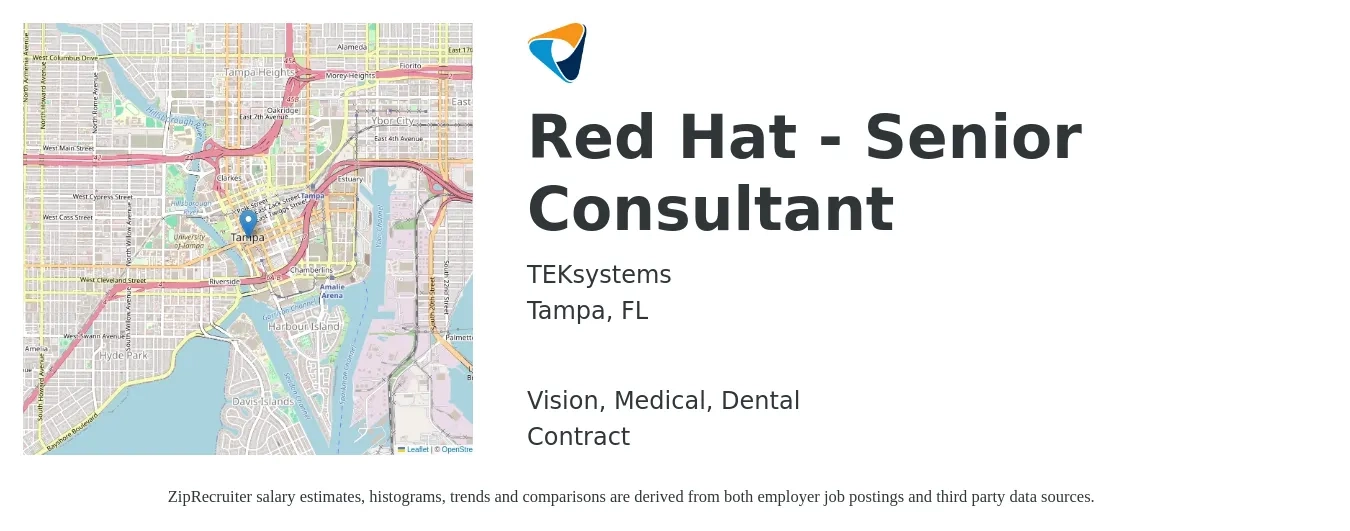 TEKsystems job posting for a Red Hat - Senior Consultant in Tampa, FL with a salary of $82,700 to $130,400 Yearly and benefits including dental, medical, and vision with a map of Tampa location.