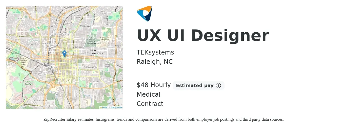 TEKsystems job posting for a UX UI Designer in Raleigh, NC with a salary of $50 Hourly and benefits including medical with a map of Raleigh location.