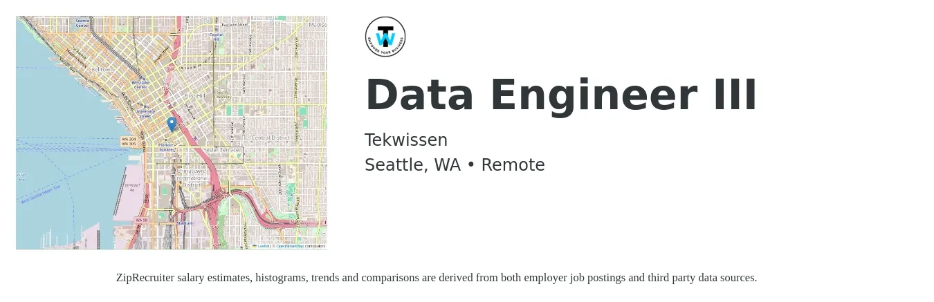 Tekwissen job posting for a Data Engineer III in Seattle, WA with a salary of $130,400 to $156,600 Yearly with a map of Seattle location.