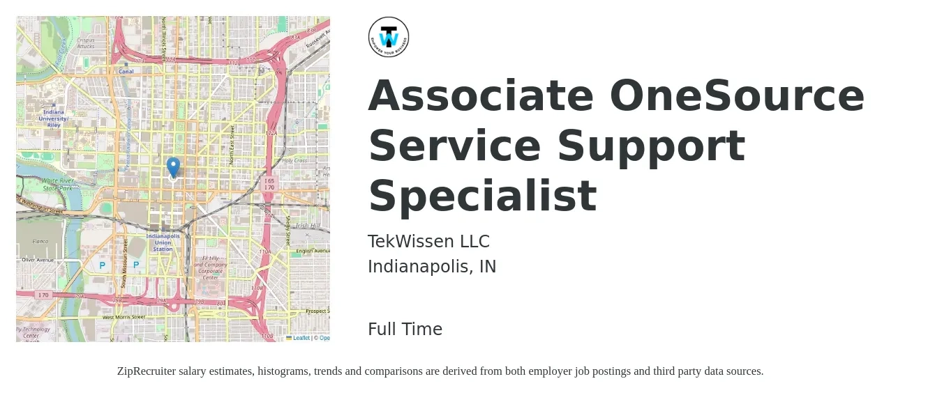 Tekwissen job posting for a Associate OneSource Service Support Specialist in Indianapolis, IN with a salary of $16 to $21 Hourly with a map of Indianapolis location.