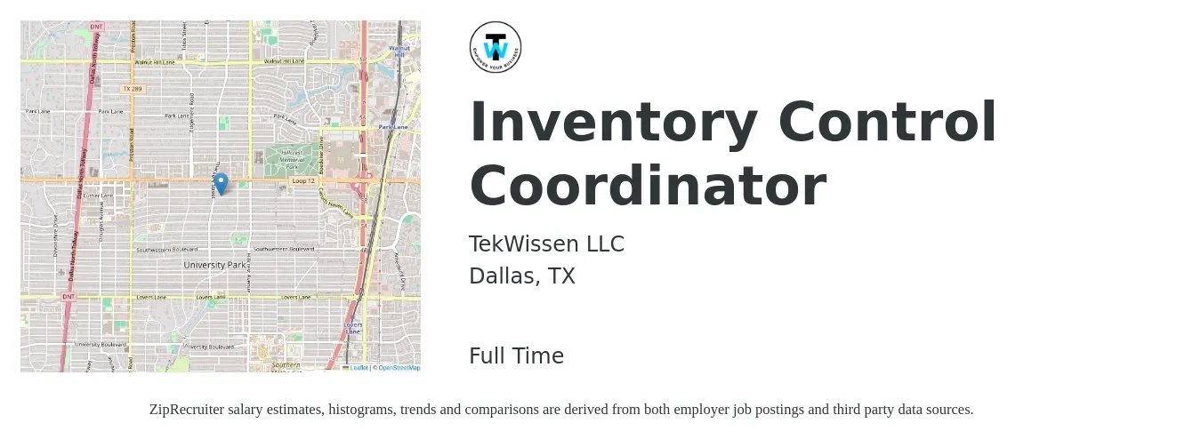 TekWissen LLC job posting for a Inventory Control Coordinator in Dallas, TX with a salary of $17 to $22 Hourly with a map of Dallas location.