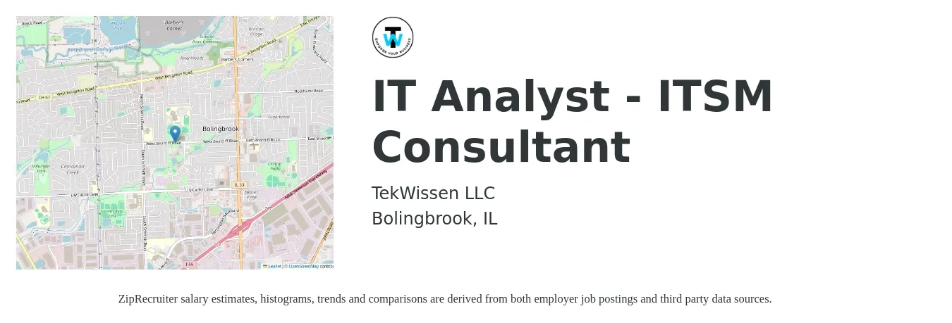 Tekwissen job posting for a IT Analyst - ITSM Consultant in Bolingbrook, IL with a salary of $30 to $48 Hourly with a map of Bolingbrook location.