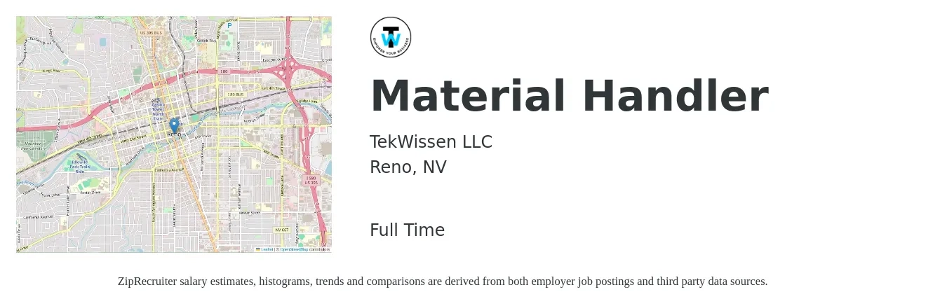 TekWissen LLC job posting for a Material Handler in Reno, NV with a salary of $17 to $20 Hourly with a map of Reno location.