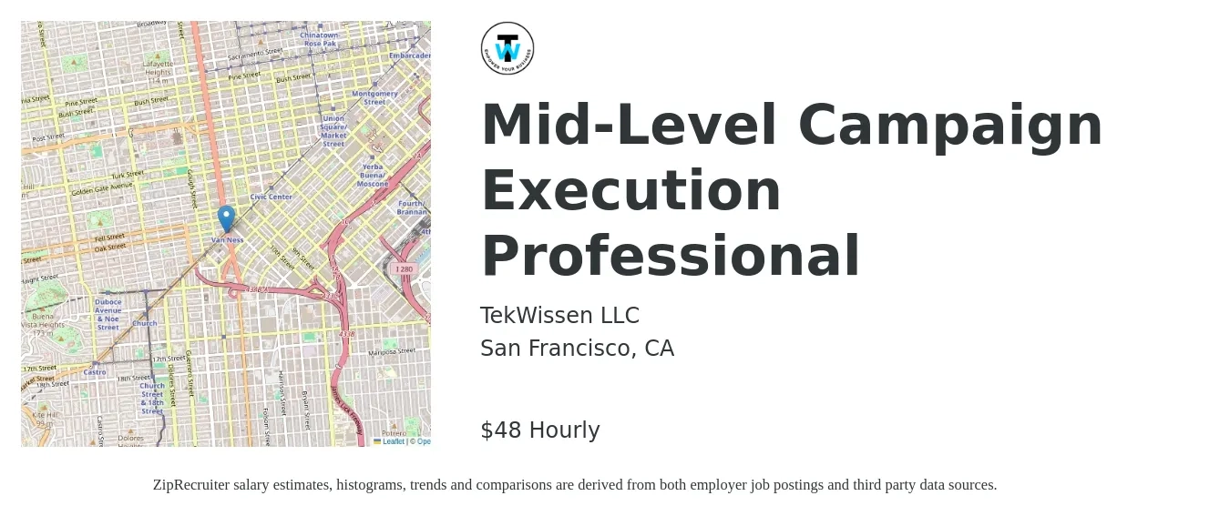 Tekwissen job posting for a Mid-Level Campaign Execution Professional in San Francisco, CA with a salary of $50 Hourly with a map of San Francisco location.