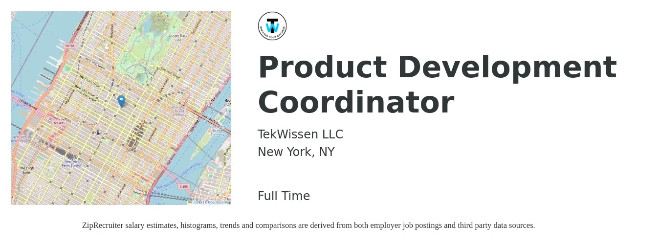 TekWissen LLC job posting for a Product Development Coordinator in New York, NY with a salary of $26 to $33 Hourly with a map of New York location.