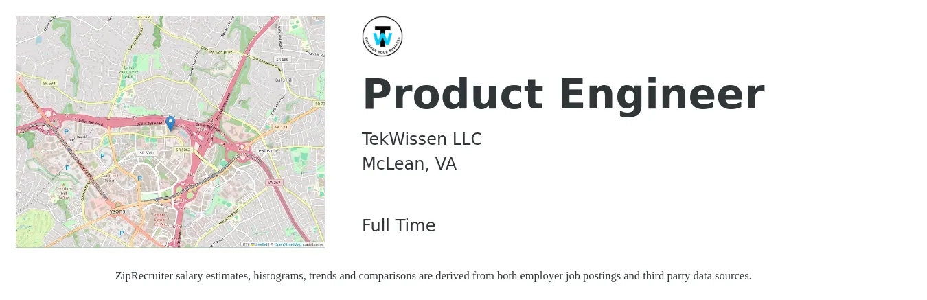 TekWissen LLC job posting for a Product Engineer in McLean, VA with a salary of $89,000 to $207,200 Yearly with a map of McLean location.