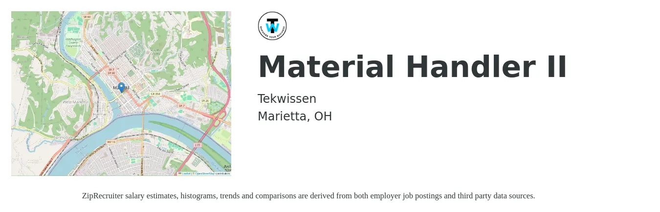 Tekwissen job posting for a Material Handler II in Marietta, OH with a salary of $13 to $16 Hourly with a map of Marietta location.