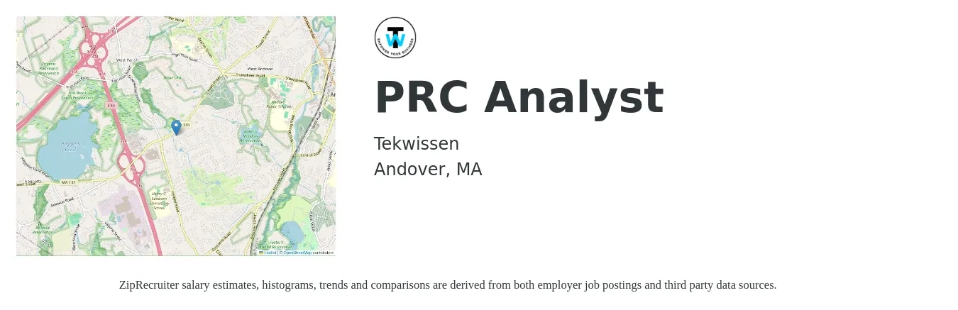 Tekwissen job posting for a PRC Analyst in Andover, MA with a salary of $16 to $36 Hourly with a map of Andover location.