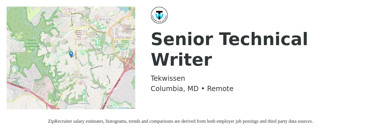 Tekwissen job posting for a Senior Technical Writer in Columbia, MD with a salary of $79,700 to $122,100 Yearly with a map of Columbia location.