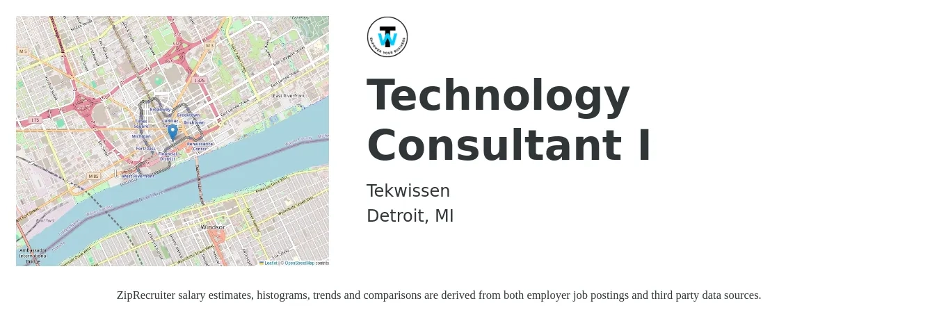 Tekwissen job posting for a Technology Consultant I in Detroit, MI with a salary of $31 to $68 Hourly with a map of Detroit location.