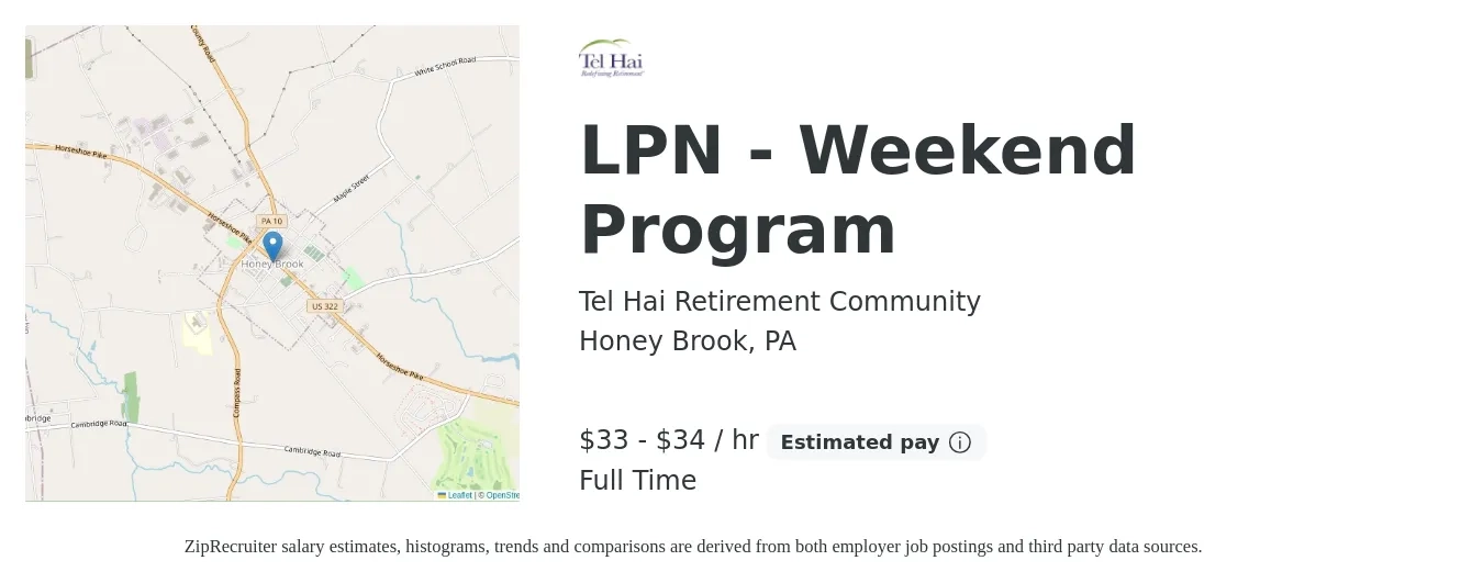 Tel Hai Retirement Community job posting for a LPN - Weekend Program in Honey Brook, PA with a salary of $35 to $36 Hourly with a map of Honey Brook location.