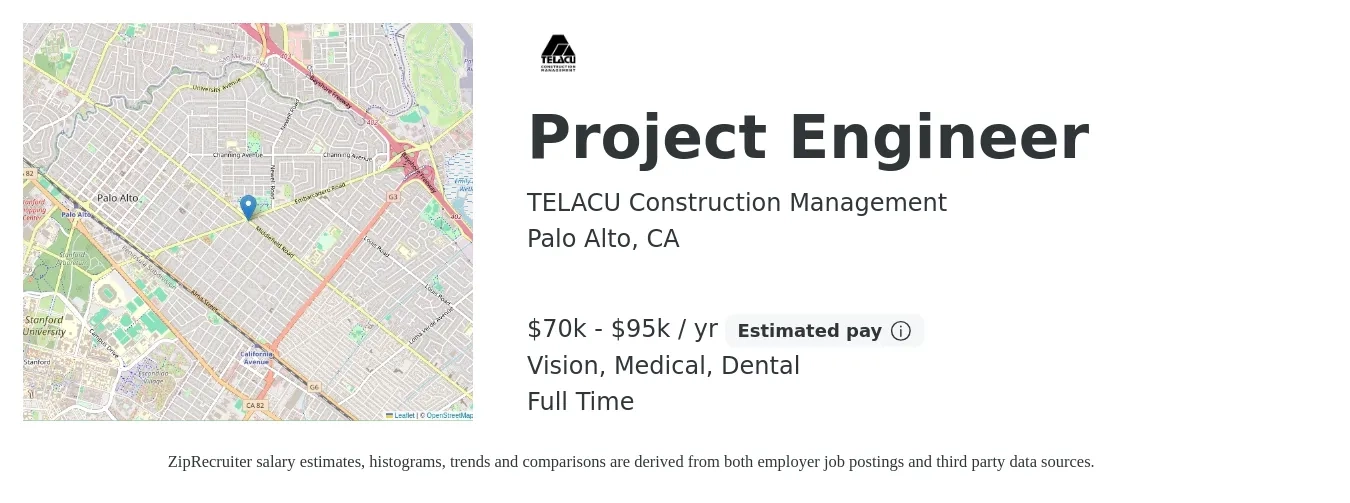 TELACU Construction Management job posting for a Project Engineer in Palo Alto, CA with a salary of $70,000 to $95,000 Yearly and benefits including dental, life_insurance, medical, retirement, and vision with a map of Palo Alto location.