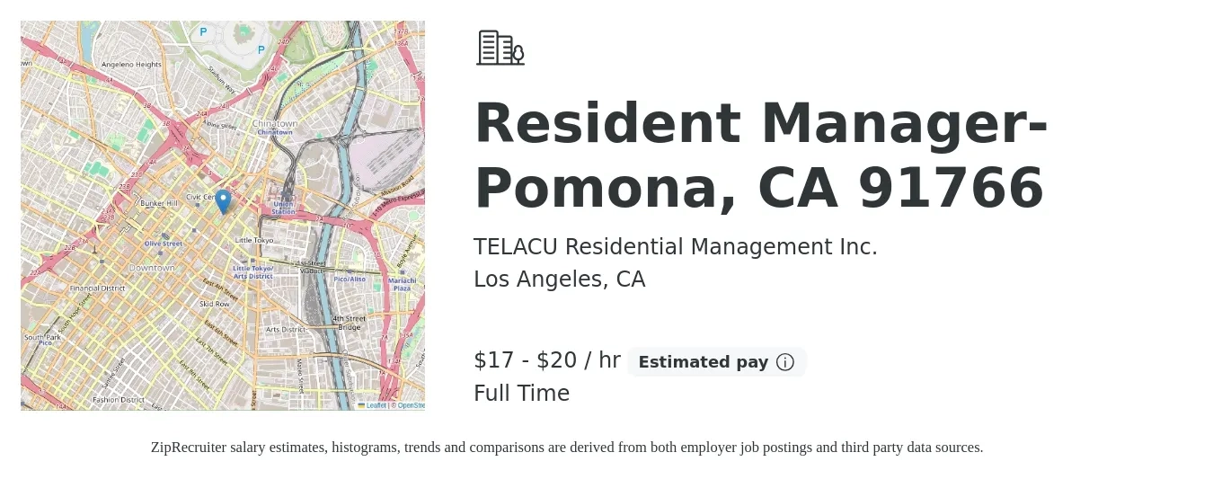 TELACU Residential Management Inc. job posting for a Resident Manager- Pomona, CA 91766 in Los Angeles, CA with a salary of $18 to $21 Hourly with a map of Los Angeles location.