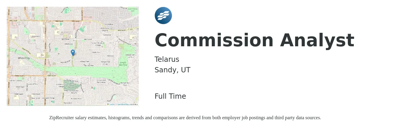 Telarus job posting for a Commission Analyst in Sandy, UT with a salary of $25 to $42 Hourly with a map of Sandy location.