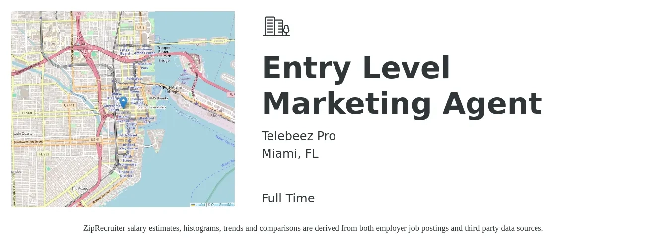 Telebeez Pro job posting for a Entry Level Marketing Agent in Miami, FL with a salary of $32,500 to $52,600 Yearly with a map of Miami location.