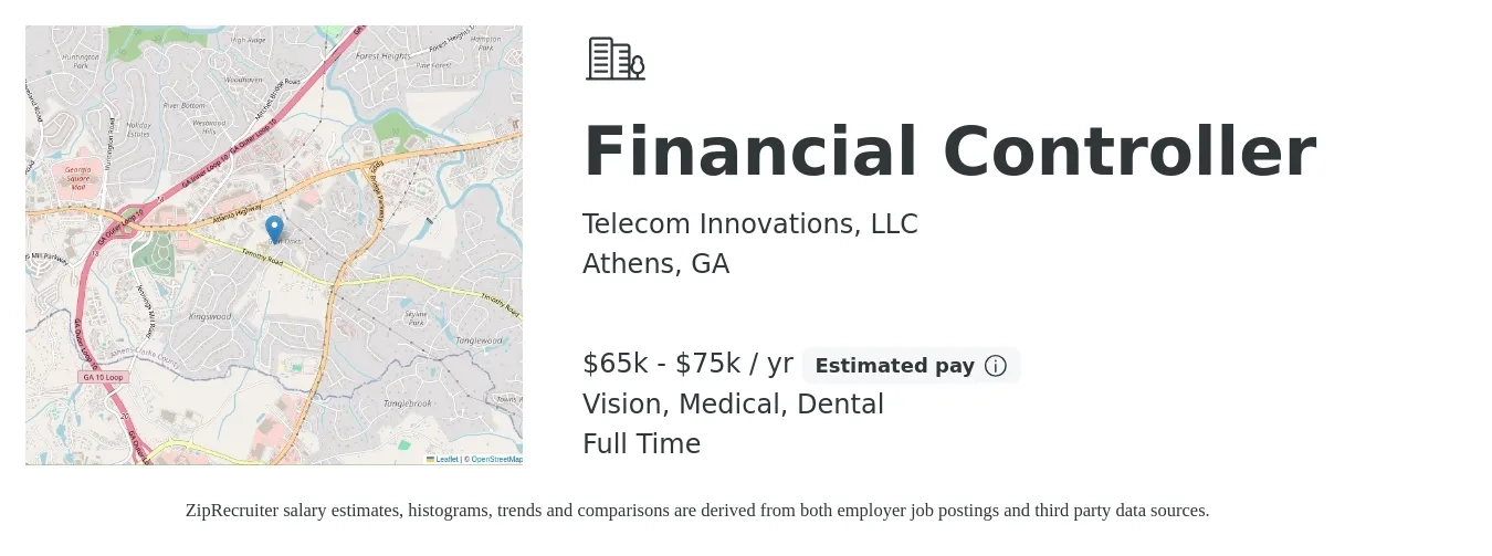 Telecom Innovations, LLC job posting for a Financial Controller in Athens, GA with a salary of $65,000 to $75,000 Yearly and benefits including pto, vision, dental, life_insurance, and medical with a map of Athens location.