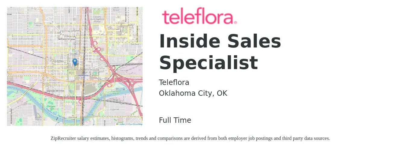 Teleflora job posting for a Inside Sales Specialist in Oklahoma City, OK with a salary of $38,000 Yearly with a map of Oklahoma City location.