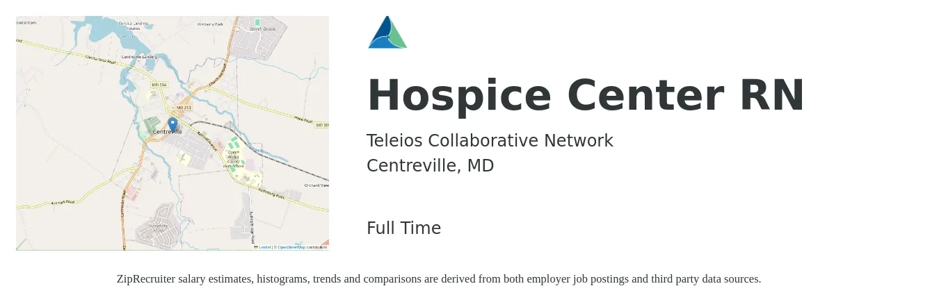 Teleios Collaborative Network job posting for a Hospice Center RN in Centreville, MD with a salary of $74,600 to $94,200 Yearly with a map of Centreville location.