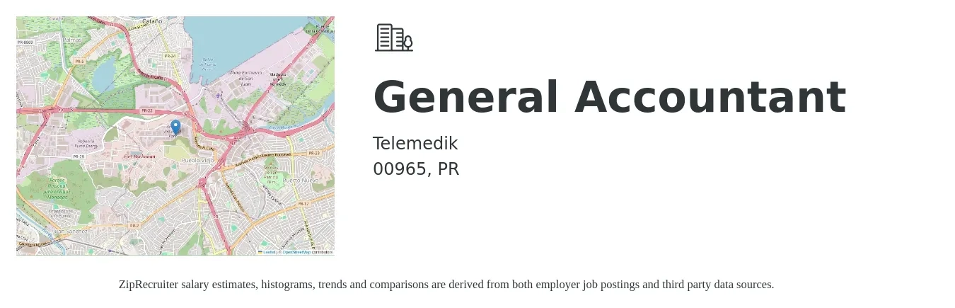 Telemedik job posting for a General Accountant in 00965, PR with a salary of $40,700 to $57,700 Yearly with a map of 00965 location.