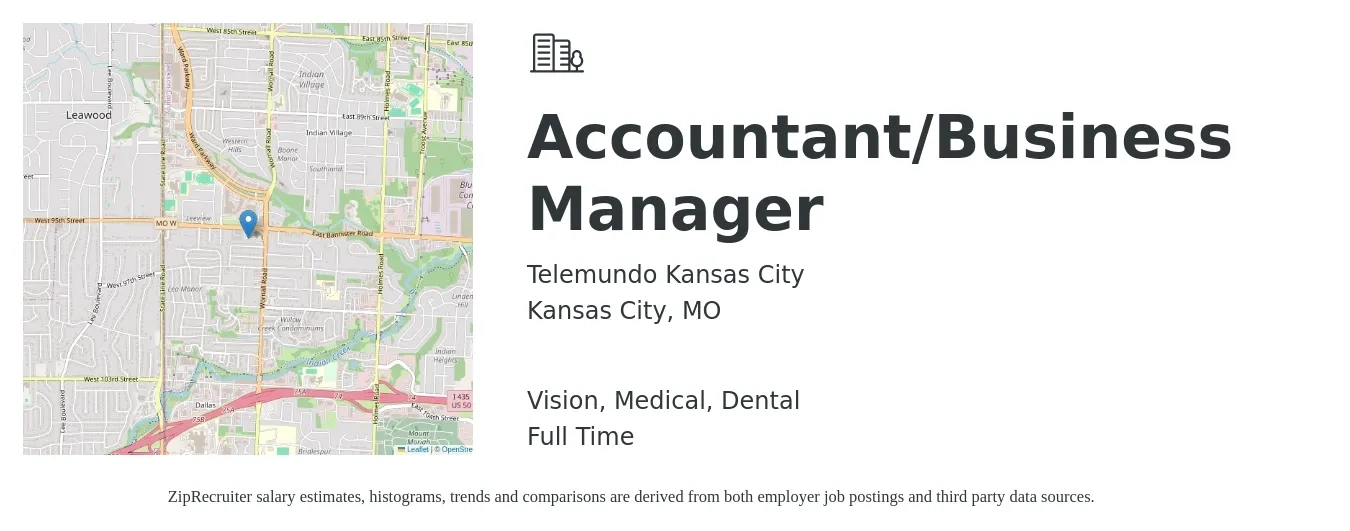 Telemundo Kansas City job posting for a Accountant/Business Manager in Kansas City, MO with a salary of $52,200 to $76,600 Yearly and benefits including medical, pto, retirement, vision, and dental with a map of Kansas City location.