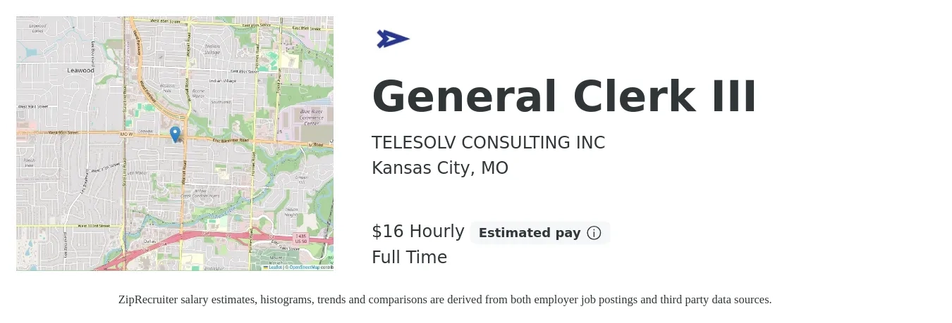 TeleSolv Consulting job posting for a General Clerk III in Kansas City, MO with a salary of $18 Hourly and benefits including dental, life_insurance, medical, retirement, and vision with a map of Kansas City location.