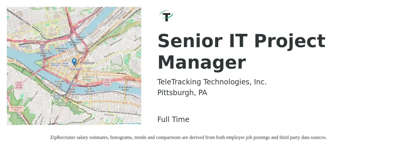 TeleTracking Technologies, Inc. job posting for a Senior IT Project Manager in Pittsburgh, PA with a salary of $127,200 to $127,700 Yearly with a map of Pittsburgh location.