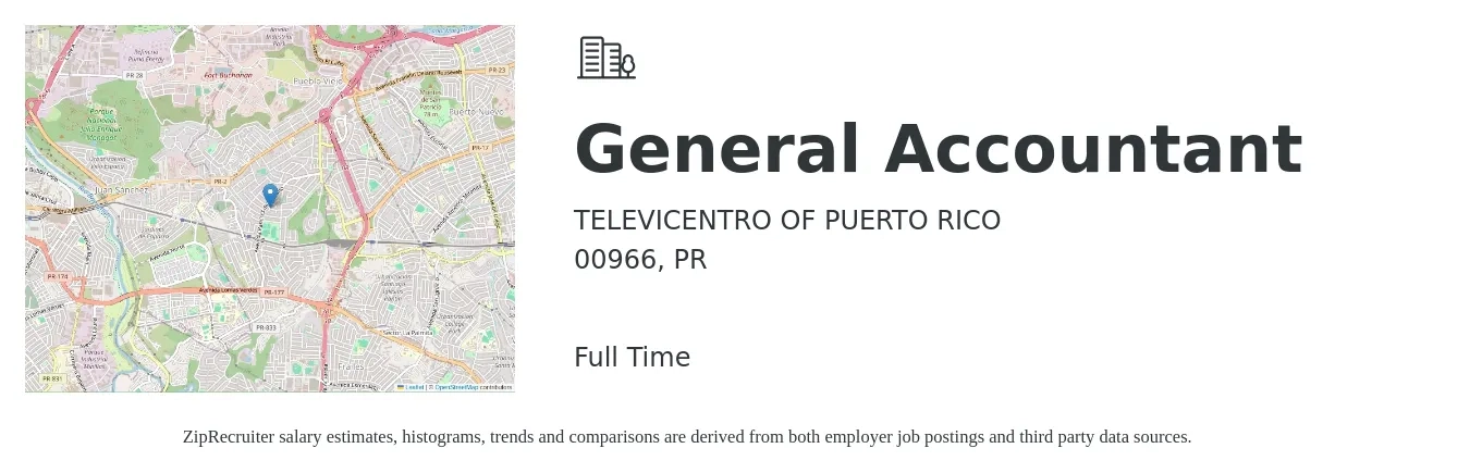 TELEVICENTRO OF PUERTO RICO job posting for a General Accountant in 00966, PR with a salary of $43,400 to $61,500 Yearly with a map of 00966 location.