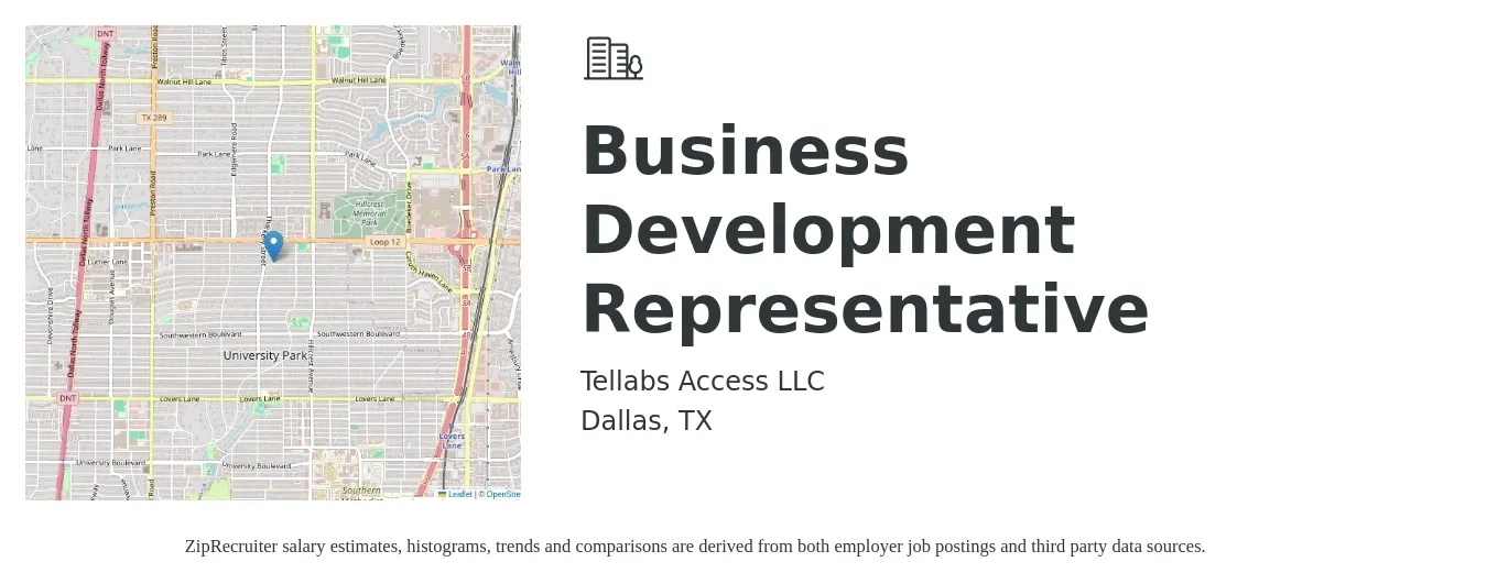 Tellabs Access LLC job posting for a Business Development Representative in Dallas, TX with a salary of $41,500 to $64,500 Yearly with a map of Dallas location.