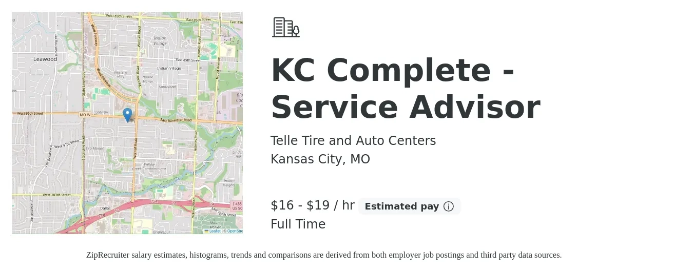 Telle Tire and Auto Centers job posting for a KC Complete - Service Advisor in Kansas City, MO with a salary of $17 to $20 Hourly with a map of Kansas City location.