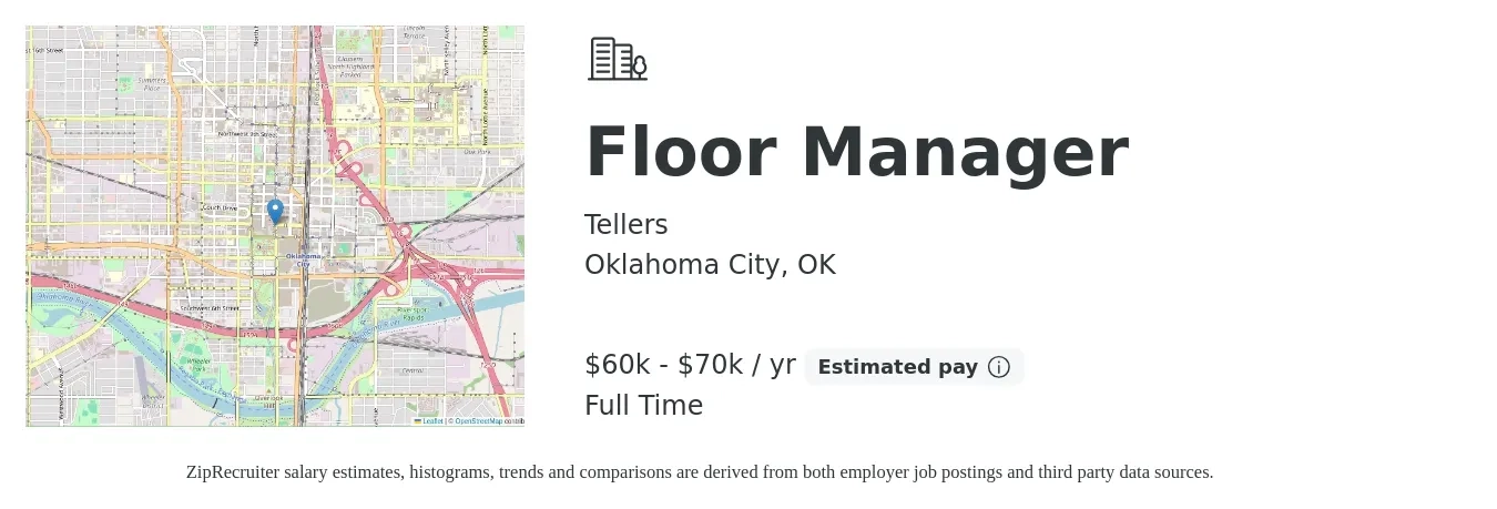 Tellers job posting for a Floor Manager in Oklahoma City, OK with a salary of $60,000 to $70,000 Yearly with a map of Oklahoma City location.